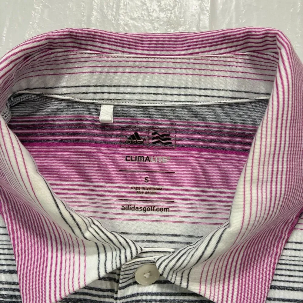 Adidas Climalite Golf Polo Shirt Men Small Pink Gray Stripes Short Sleeve